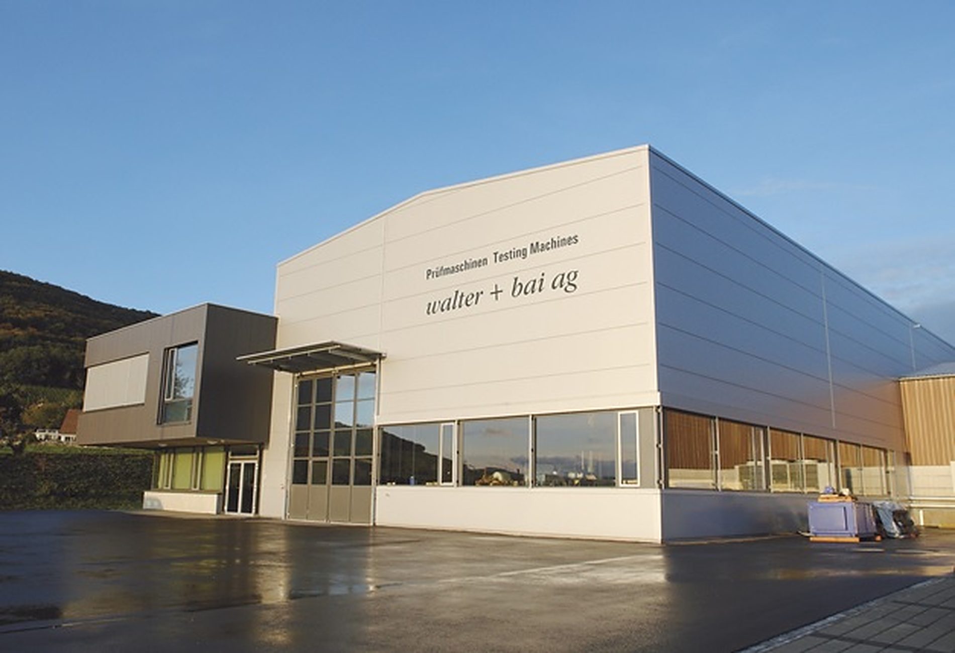 The walter+bai works at Industriestrasse 4 in Löhningen, in evening light